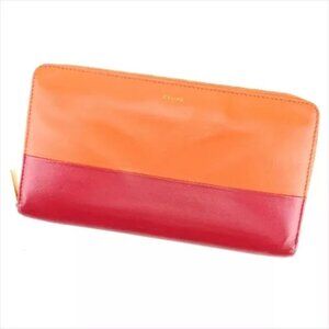 Celine Wallet Purse Long Wallet Orange Red leather Woman Authentic Used